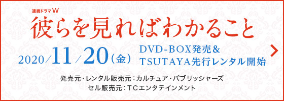 連続ドラマＷ　彼らを見ればわかること 2020/11/20（金） DVD-BOX発売＆TSUTAYA先行レンタル開始 発売元・レンタル販売元：カルチュア・パブリッシャーズ セル販売元：ＴＣエンタテインメント